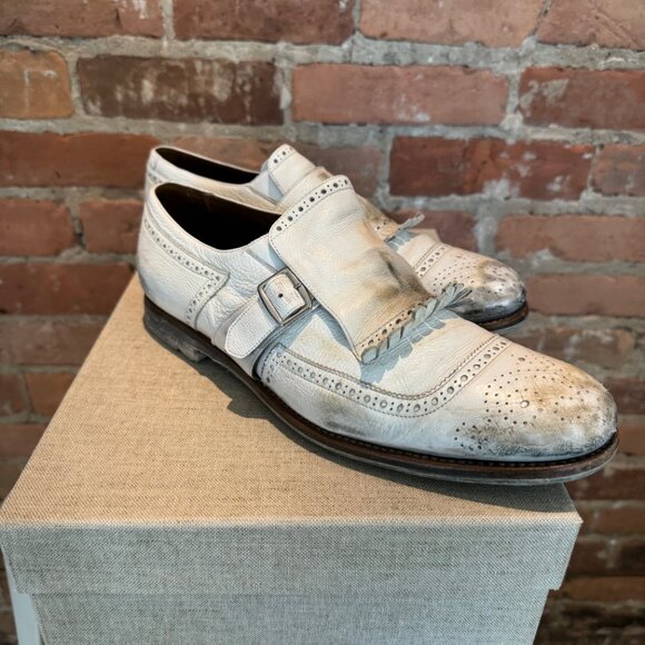 Church's Monk Strap Kiltie Wingtip Brogue Shoes – Distressed White Leather - Picture 4 of 6
